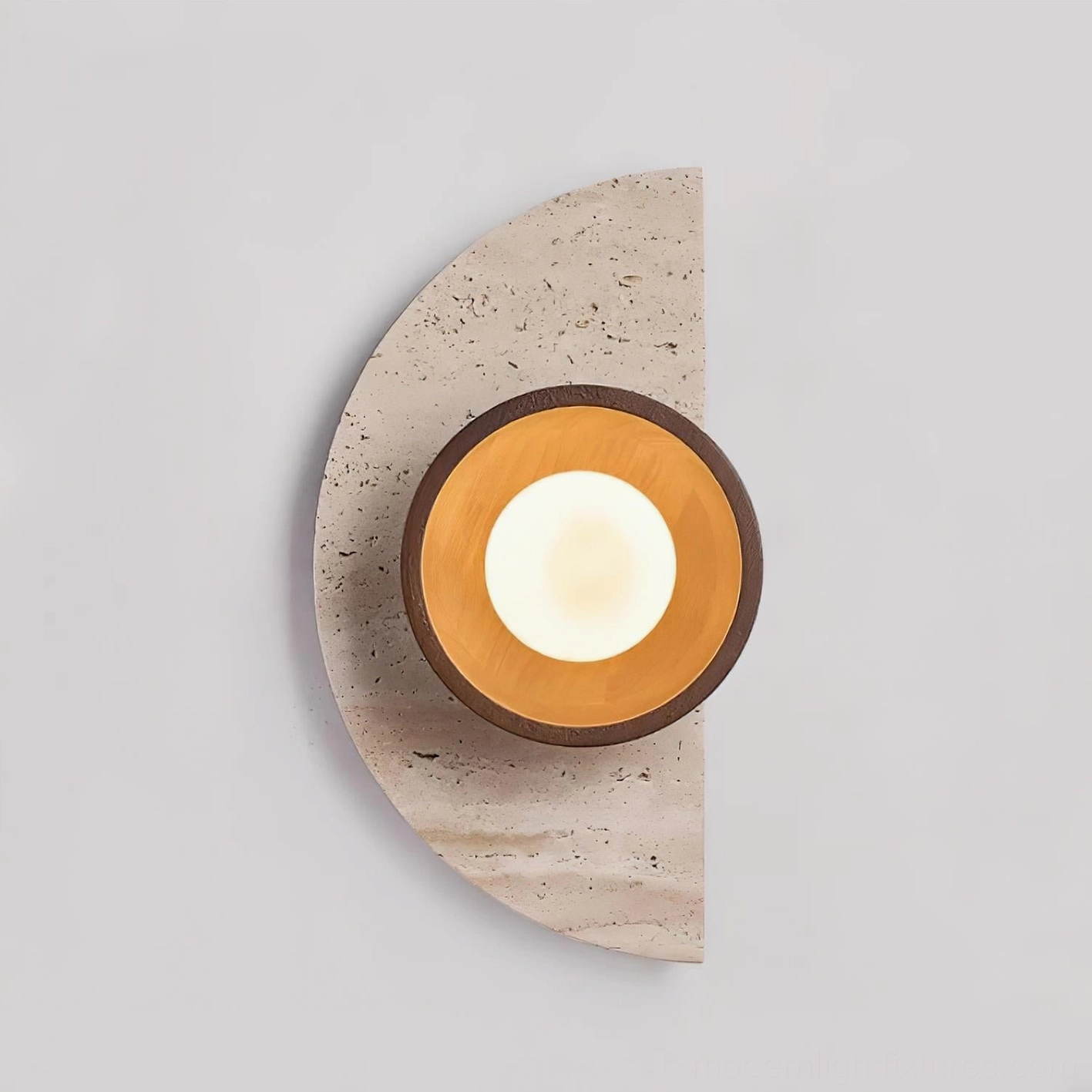 Modern travertine wall lamp architectural design showing semicircular profile and natural stone finish