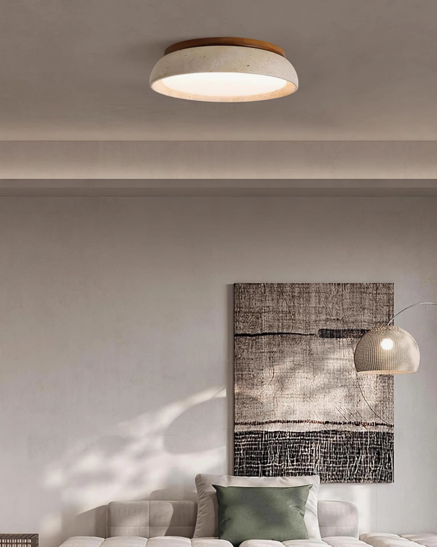 Modern travertine stone ceiling light in contemporary interior creating architectural statement