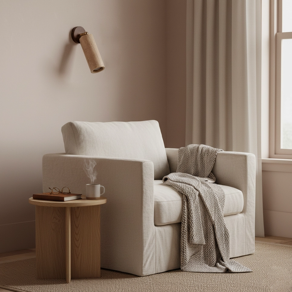 Mireille travertine wall sconce architectural styling with warm ambient room lighting and minimalist interior design