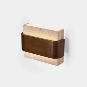 Modern travertine stone wall sconce with wood arc - minimalist Japandi wall lamp front view