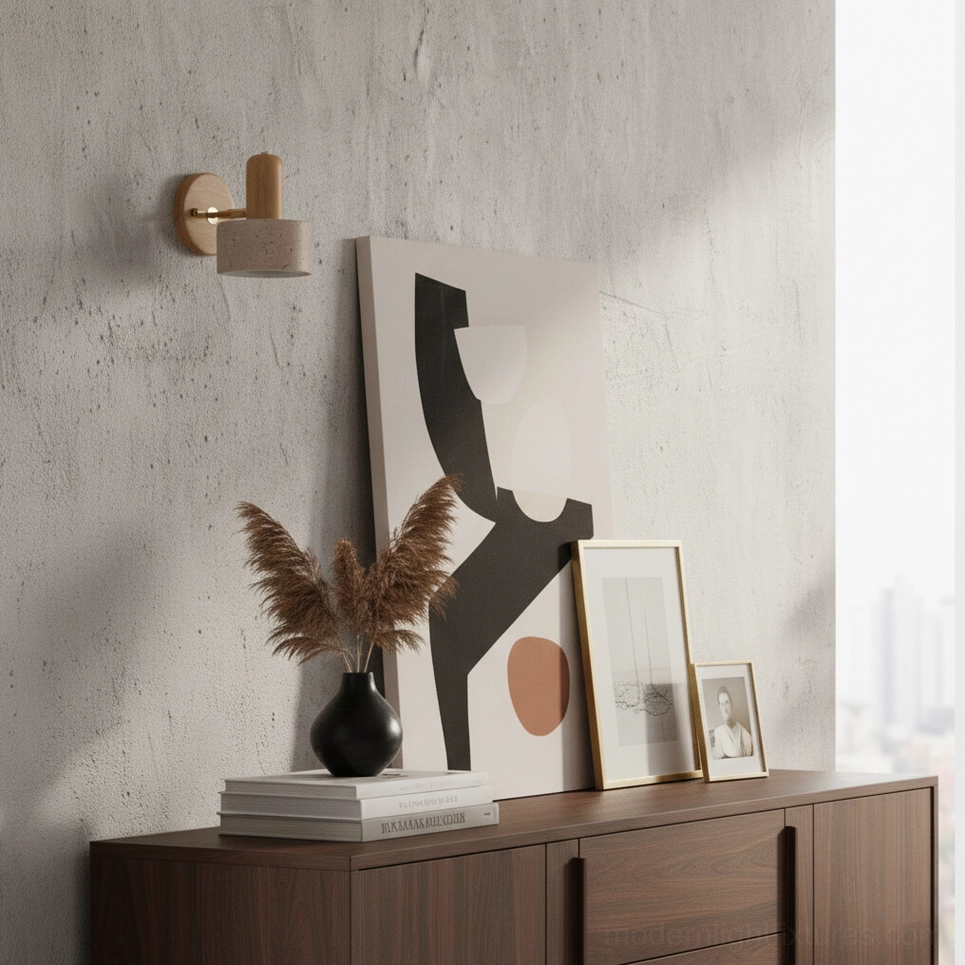 Modern travertine wall sconce highlighting wood grain texture and sculptural form