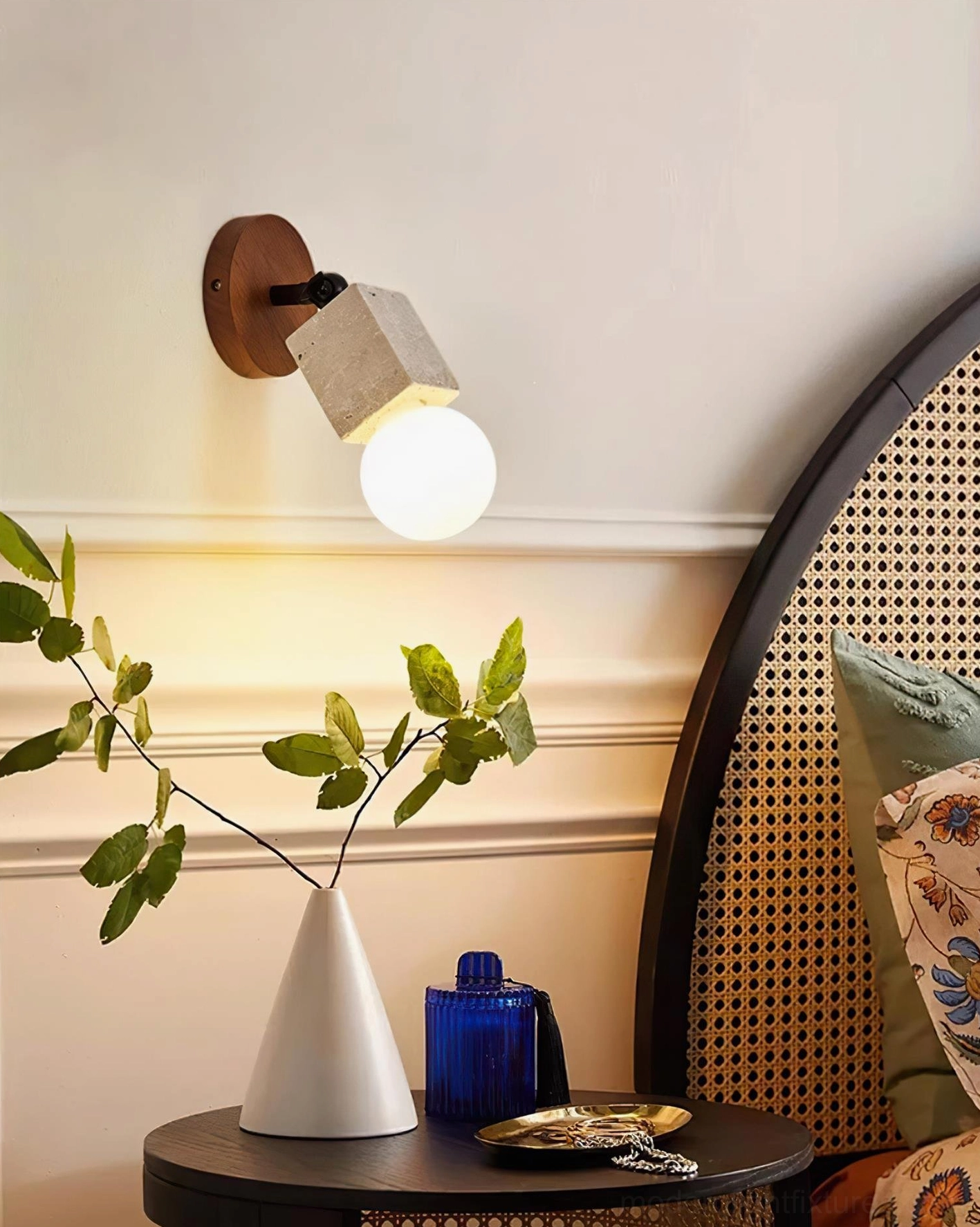 Modern travertine and walnut wall sconce artistic lighting fixture for contemporary spaces