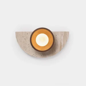 Travertine and wood modern wall sconce with frosted glass diffuser, frontal close-up view showing artisanal stone texture and minimalist design