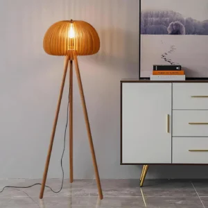 Japandi wooden floor lamp with pumpkin-shaped ribbed shade in minimalist living room setting