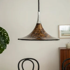 Modern trumpet pendant lamp in silver and brown marbled acrylic, three-quarter perspective showing textured shade
