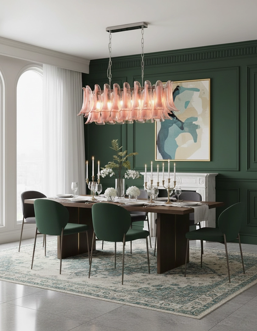 Modern tulip leaf chandelier artistic rendering in contemporary home interior setting