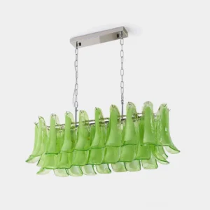 Modern tulip leaf glass chandelier with green Murano-style pendants and chrome frame, front studio view