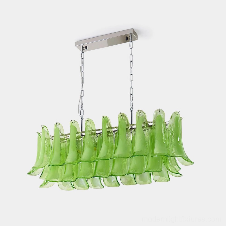 Modern tulip leaf glass chandelier with green Murano-style pendants and chrome frame, front studio view