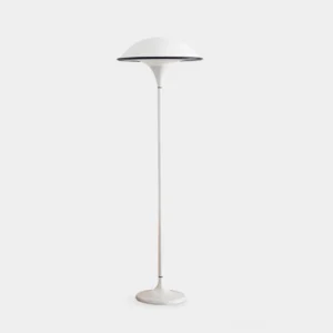 Modern UFO floor lamp front view, minimalist saucer design with matte black or white finish in neutral studio setting