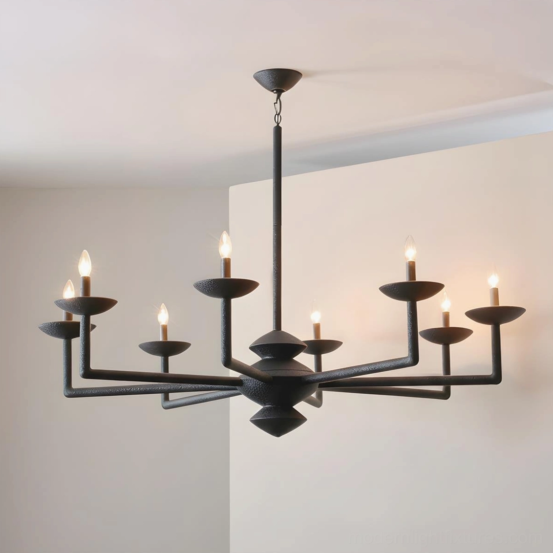 Black matte textured multi-arm chandelier front view, contemporary minimalist design