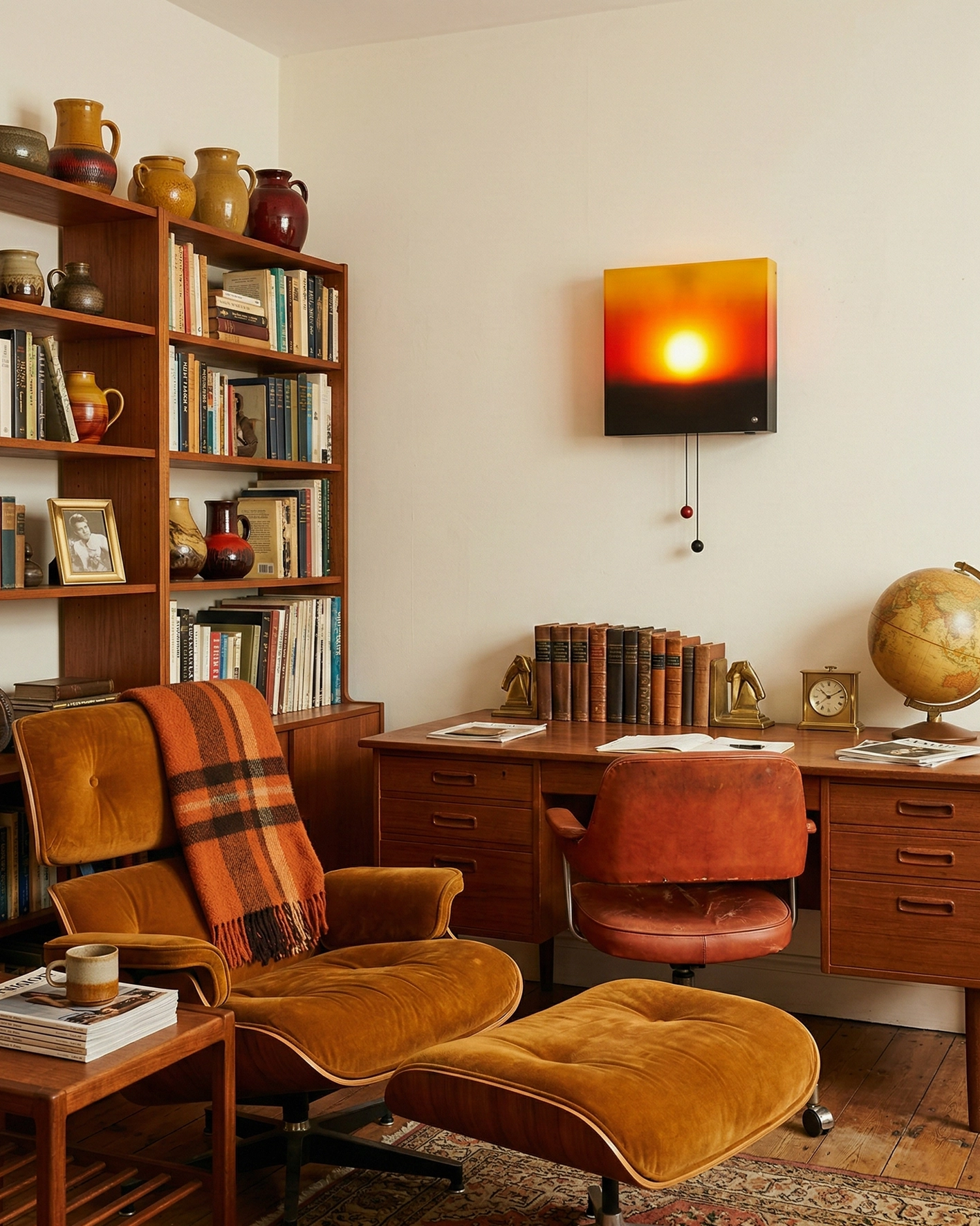 Gradient sunset wall lamp mounted in vintage home office study room creating atmospheric mood lighting