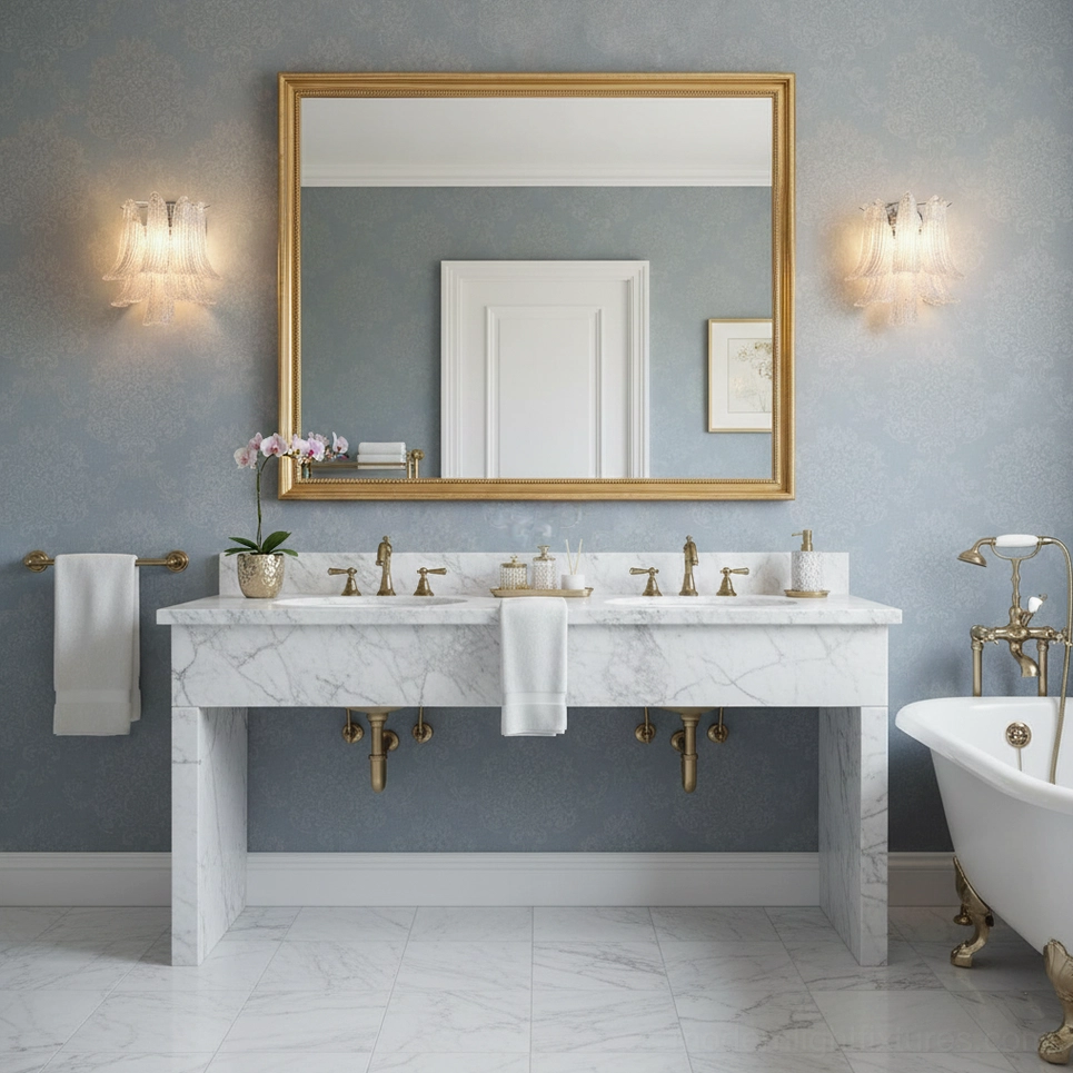 Modern minimalist wall sconce with polished metal finish in high-end double vanity bathroom with ambient warm lighting