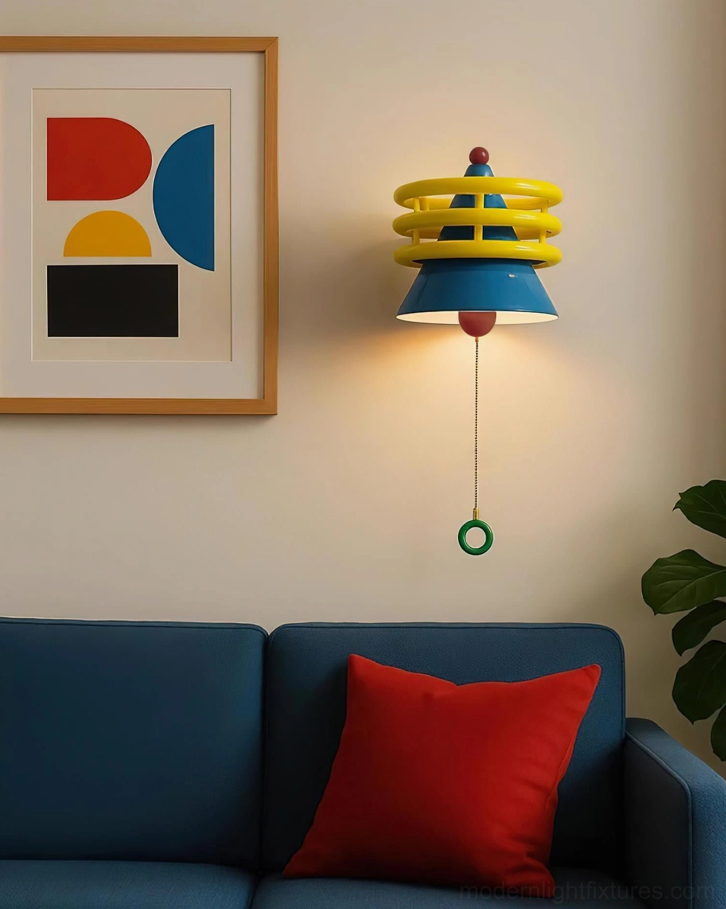 Kinetica statement wall sconce in modern living room interior design setting with sofa