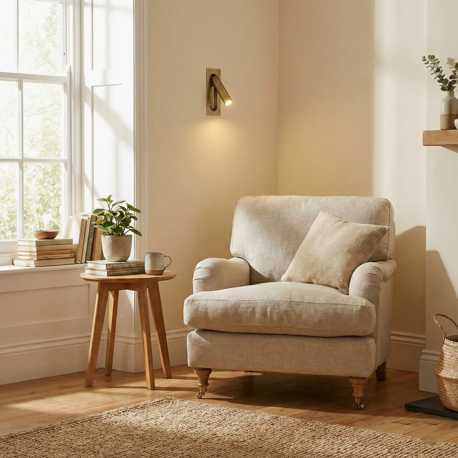 Cozy living room lounge nook featuring brass metal recessed wall lamp on light wall paired with armchair and side table