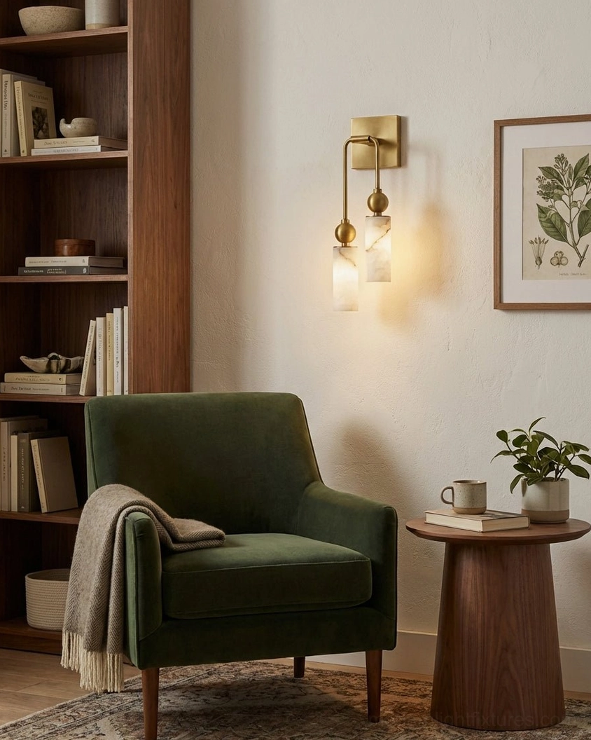 Single-head alabaster wall sconce installed in mid-century modern living room beside green velvet armchair and bookshelf - warm brass lighting ambiance