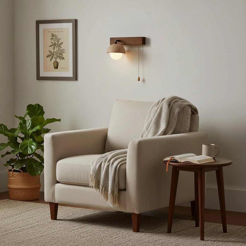 Modern minimalist wall sconce with natural travertine texture and organic surface variations