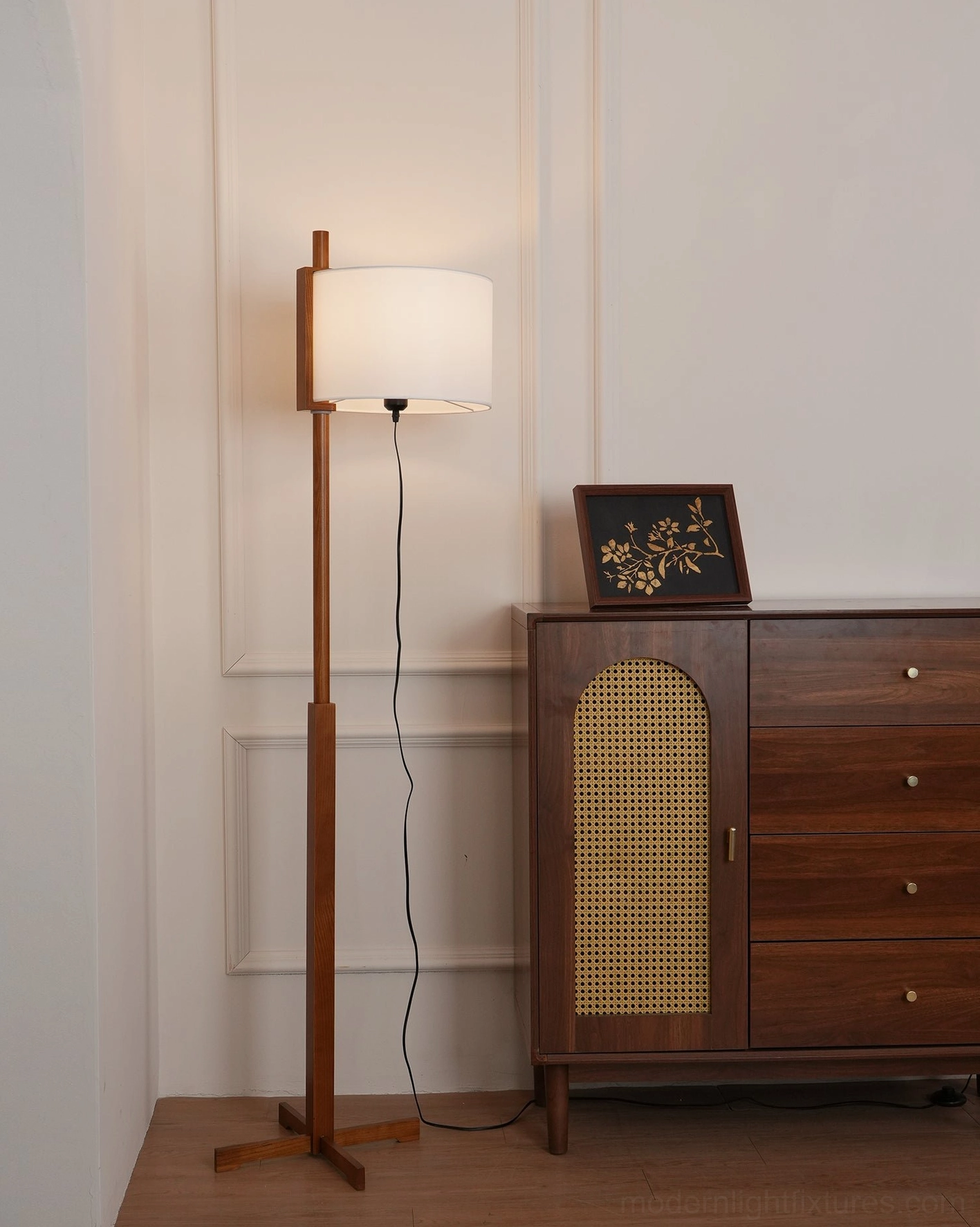 Modern walnut wood floor lamp with white cylindrical shade, complete front view showing minimalist mid-century design aesthetic
