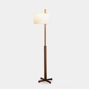 Modern walnut wood floor lamp with white cylindrical shade, full front view on studio white background showcasing mid-century design
