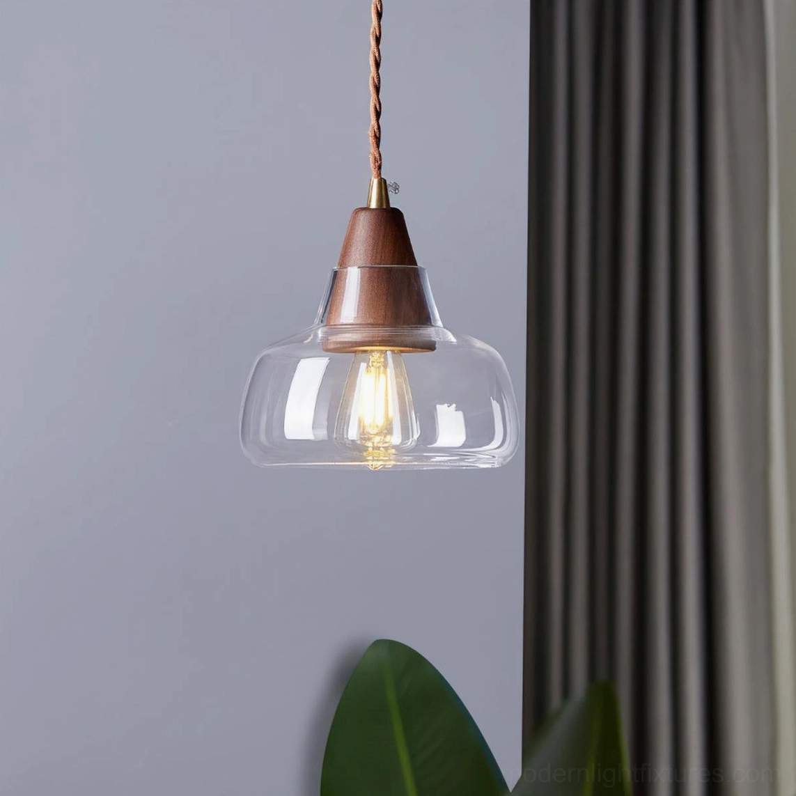Modern walnut and glass pendant light with E14 socket, damp-rated for kitchen bathroom and outdoor covered areas