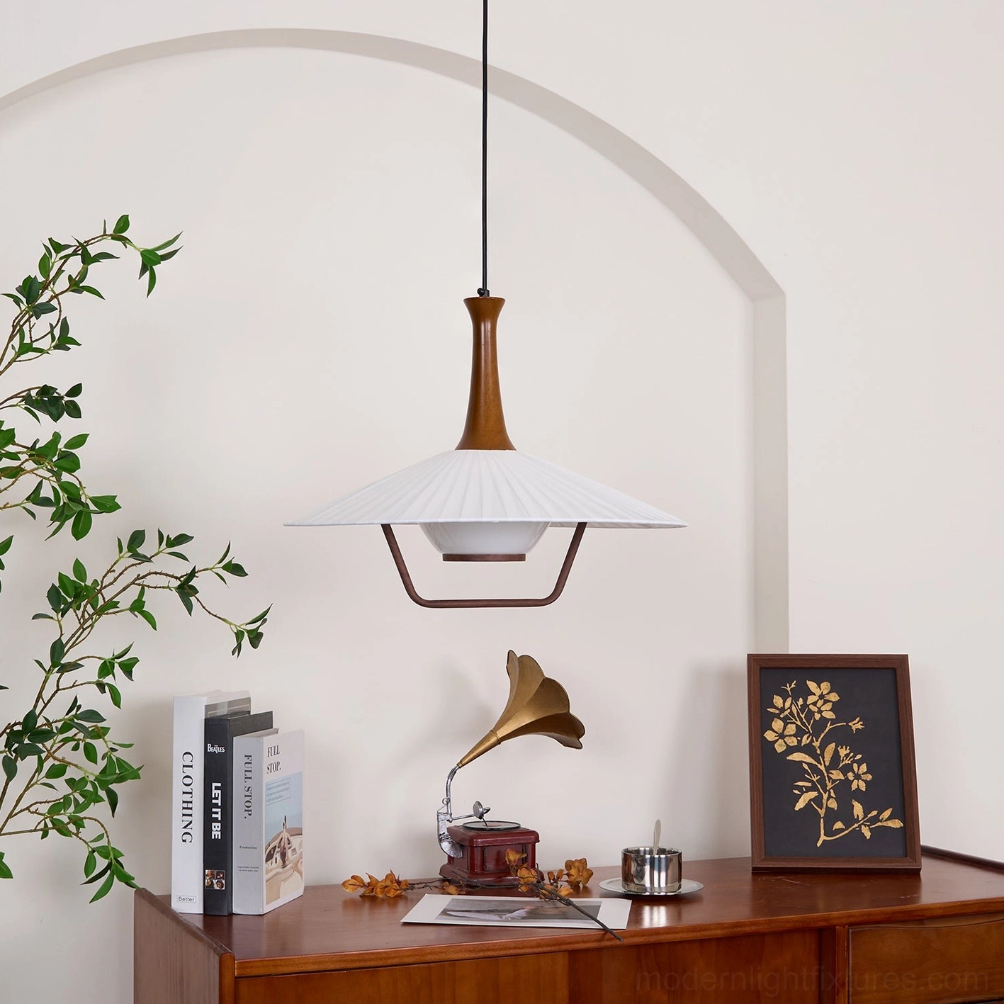 Modern walnut pendant light multiple hanging positions interior styling arrangement display