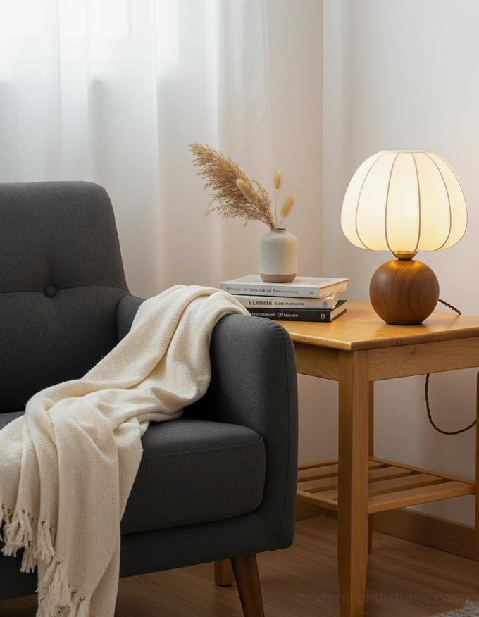Modern walnut table lamp side view living room accent chair sculptural pleated silk shade