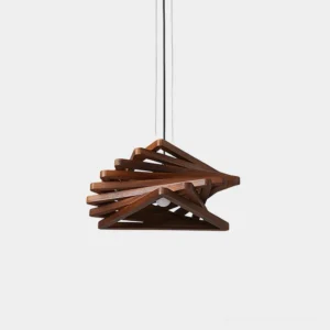 Heliora modern walnut wood pendant light with stacked geometric design, front studio view