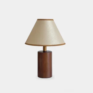 Walnut wood table lamp with beige fabric shade, frontal view on white background, modern minimalist design