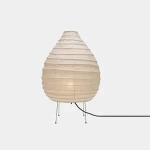 Modern Japanese washi paper table lamp with teardrop-shaped shade on white background studio shot