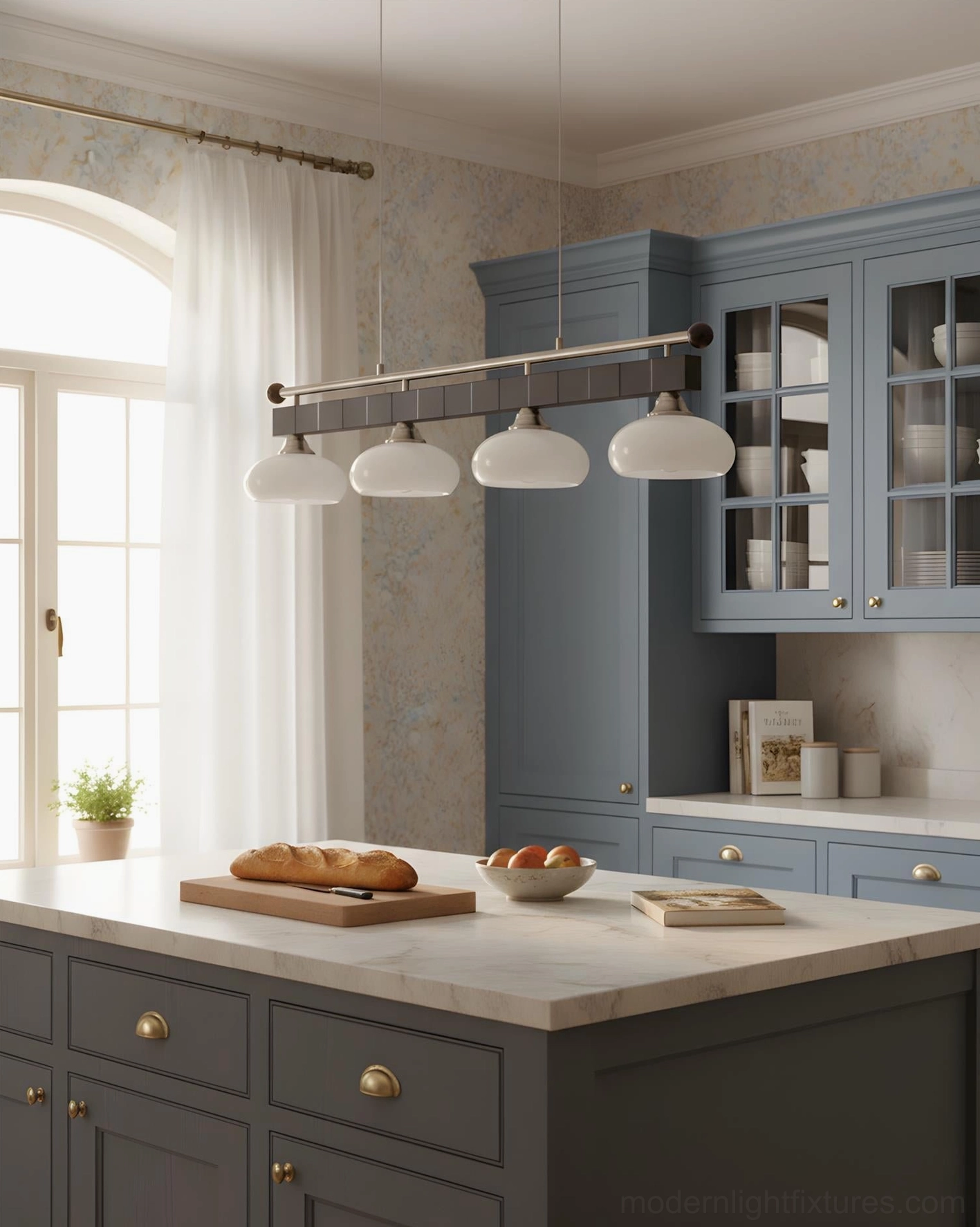 Modern island chandelier with sculptural wave metal base and frosted glass shades creating contemporary focal point