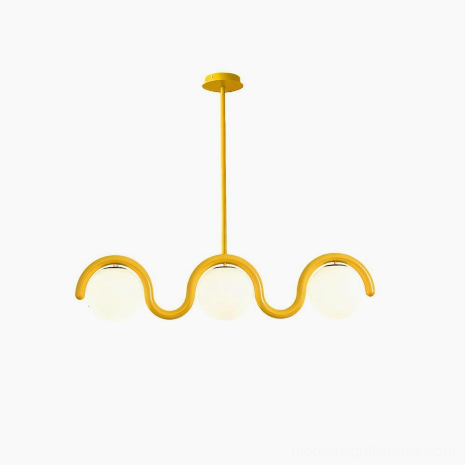 Modern 3-light wave pendant chandelier with yellow metal frame and frosted spherical shades on white background