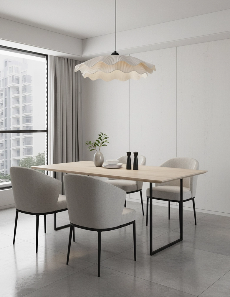 Contemporary sculptural pendant light - side angle showing fabric texture and metal frame construction