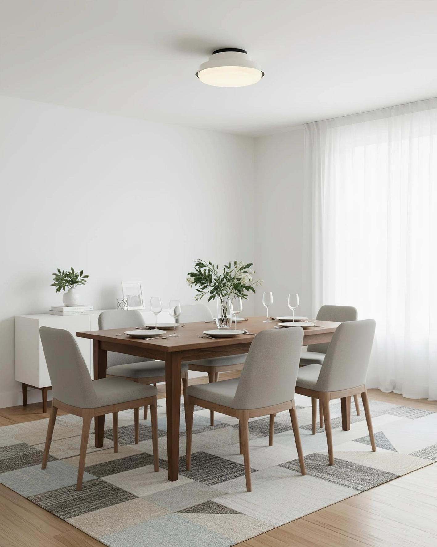 Modern white geometric ceiling lamp installed in bright formal dining room with neutral decor