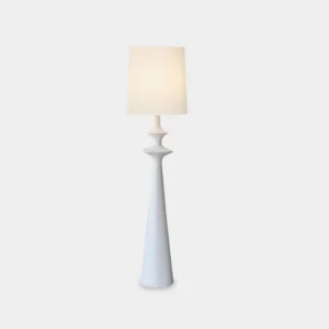 Modern white tapered floor lamp with large drum shade in minimalist style front view