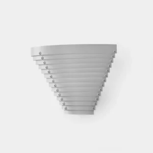Modern geometric louvered white metal wall sconce with inverted cone design, front studio view
