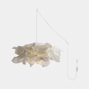 Modern white paper pendant light with wrinkled fabric shade and adjustable plug-in cord, front studio view