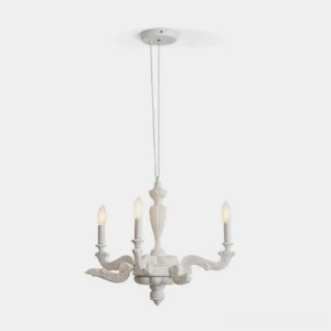 Modern white sculptural candelabra chandelier with curved arms and tapered central column, overhead studio view