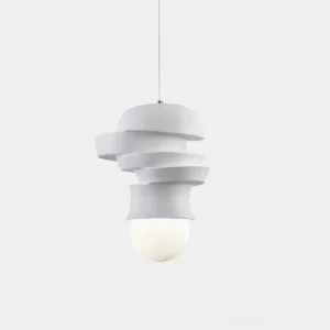 Modern stacked disc pendant light with white layered shade design in front view, contemporary sculptural lighting fixture