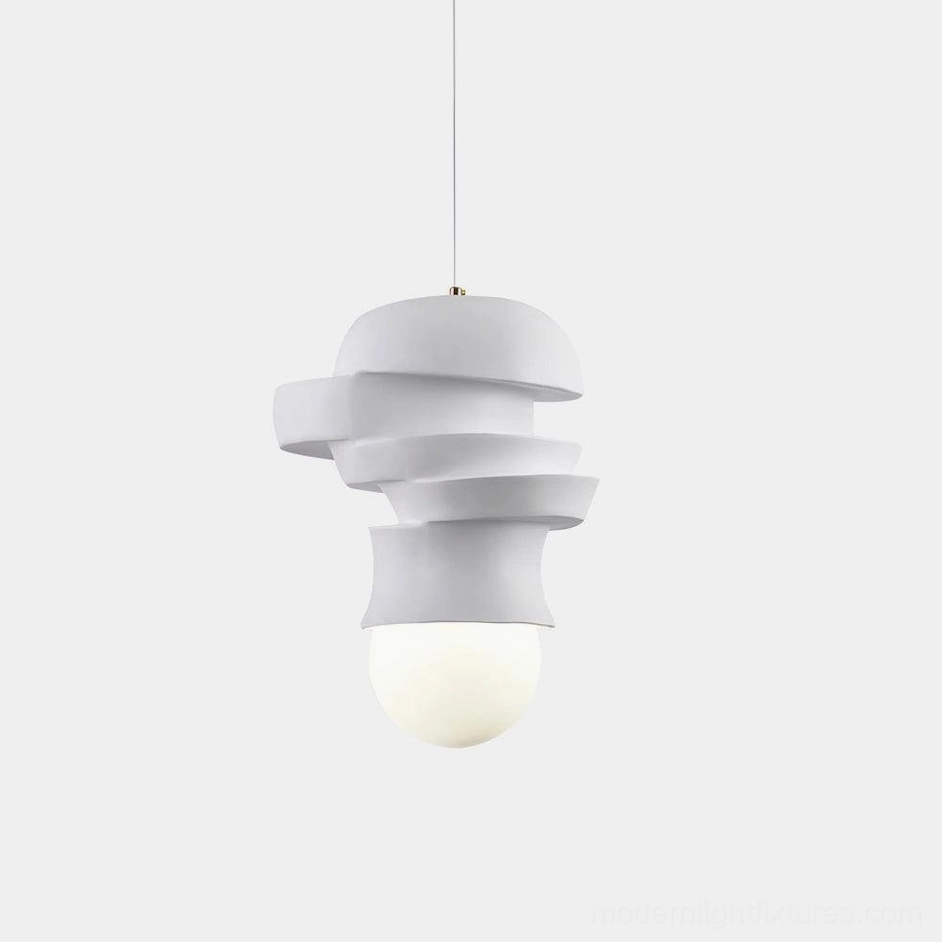 Modern stacked disc pendant light with white layered shade design in front view, contemporary sculptural lighting fixture