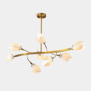 Willow Bloom modern organic branch chandelier with 5 frosted opal glass petal shades on brass frame, top-down studio view