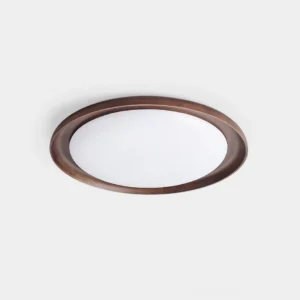 Modern round wood grain LED flush mount ceiling light with natural finish on white background