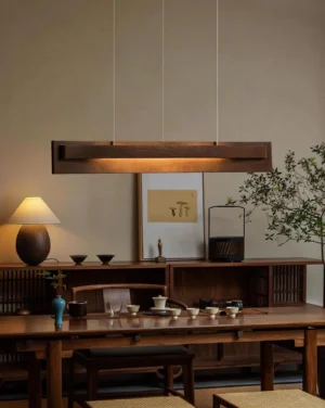 Contemporary wood pendant light over dining table warm ambient lighting minimalist interior