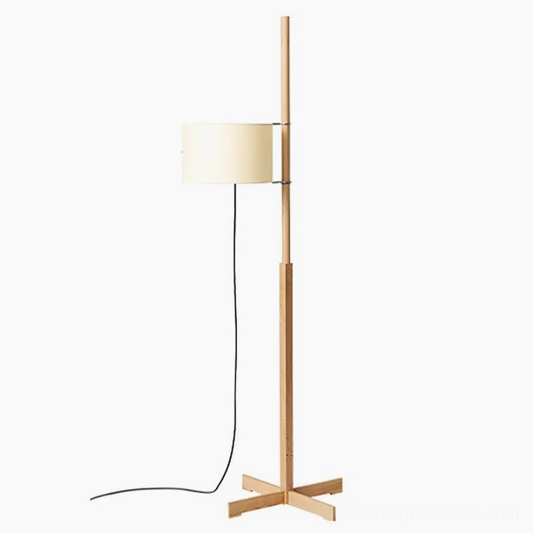 Modern wood floor lamp technical details, showing drum shade and cross metal base construction