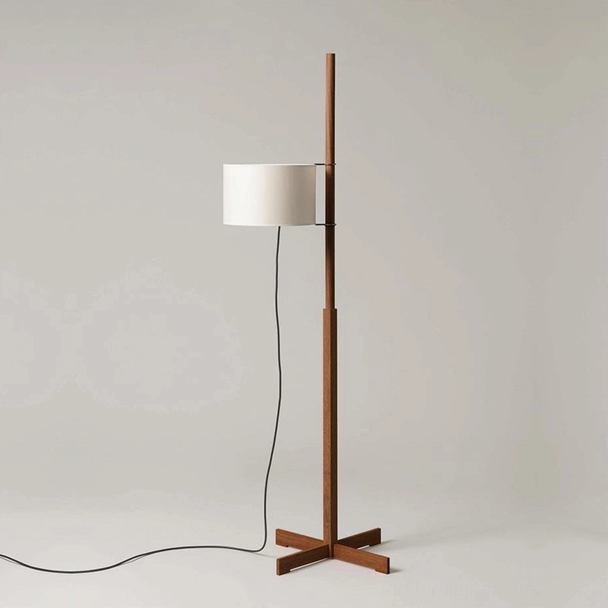 Contemporary wood floor lamp with drum shade and cross base, geometric minimalist silhouette
