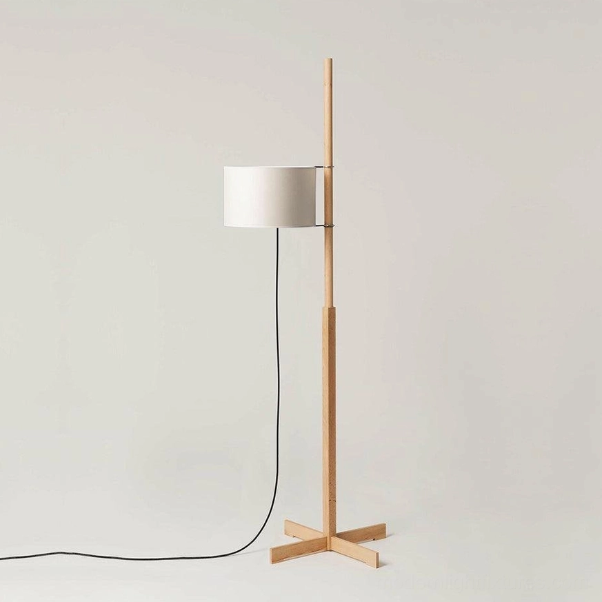 Modern wooden floor lamp with fabric shade, side angle view showcasing Nordic minimalist design