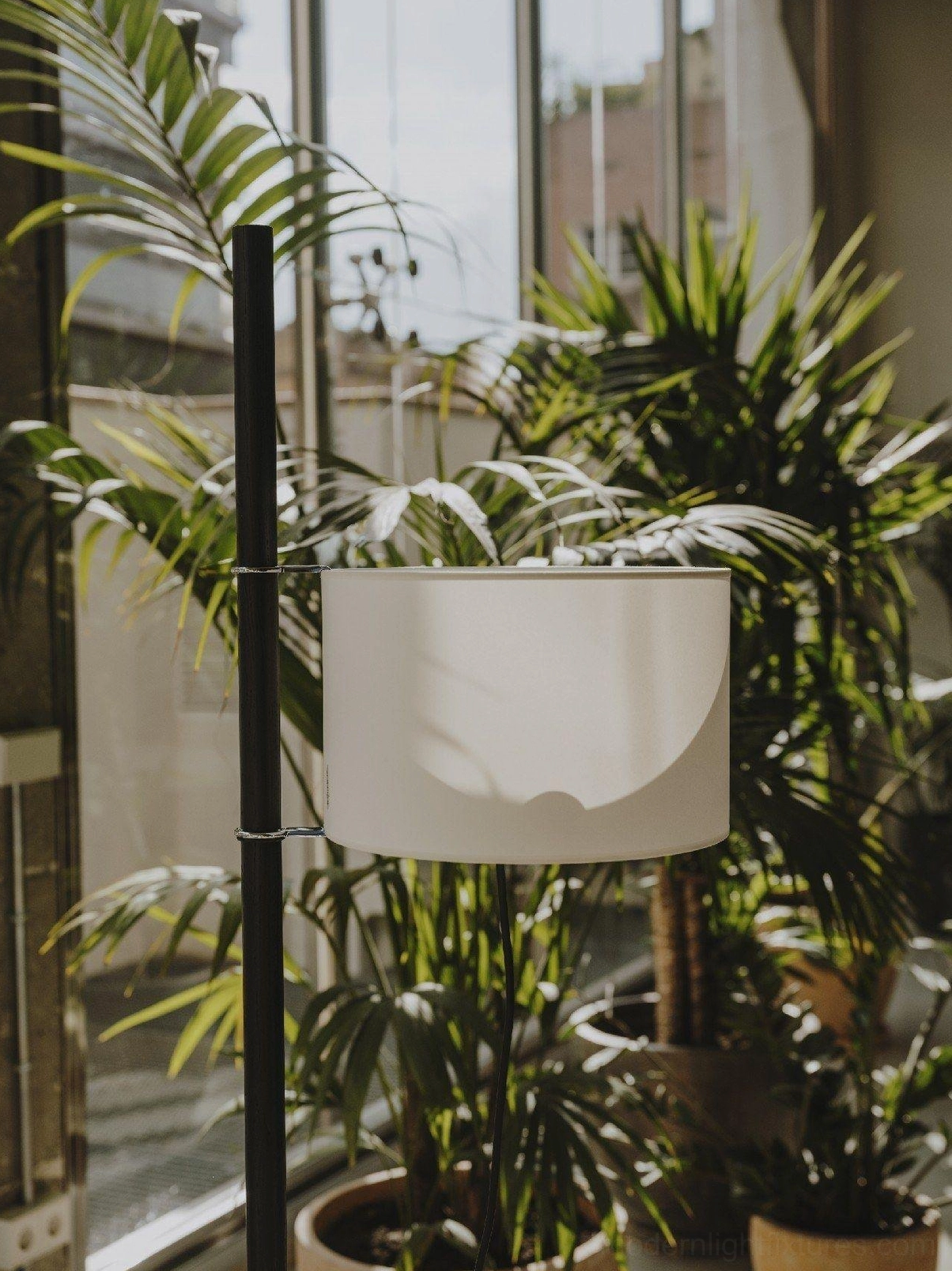 Tall fabric drum shade floor lamp with black metal pole in sunlit plant-filled interior space