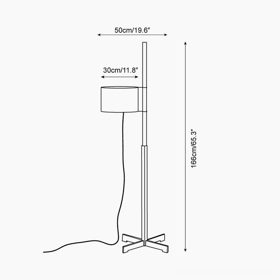 Technical schematic diagram of modern wood floor lamp showing dimensions and cross base