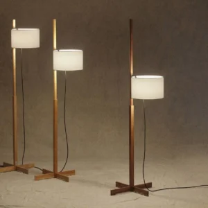 Set of three matching wooden floor lamps with white drum shades, neutral studio background