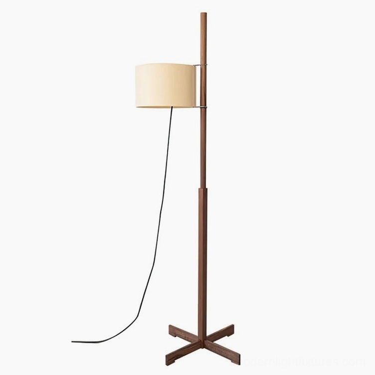 Modern wood floor lamp in walnut finish with white fabric shade, warm color variant
