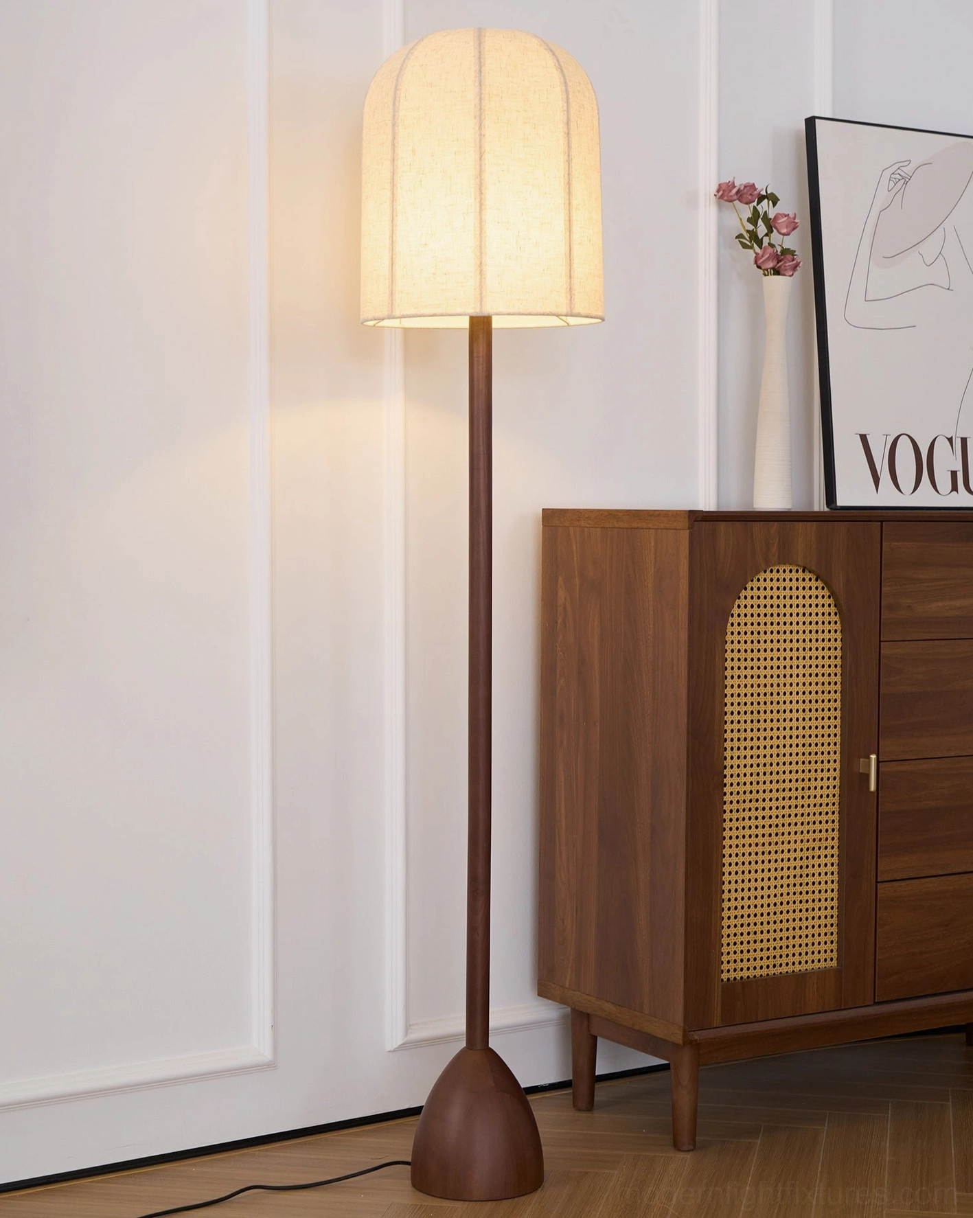 Lighted modern wood floor lamp in cozy vintage living room - warm glowing linen shade retro decor