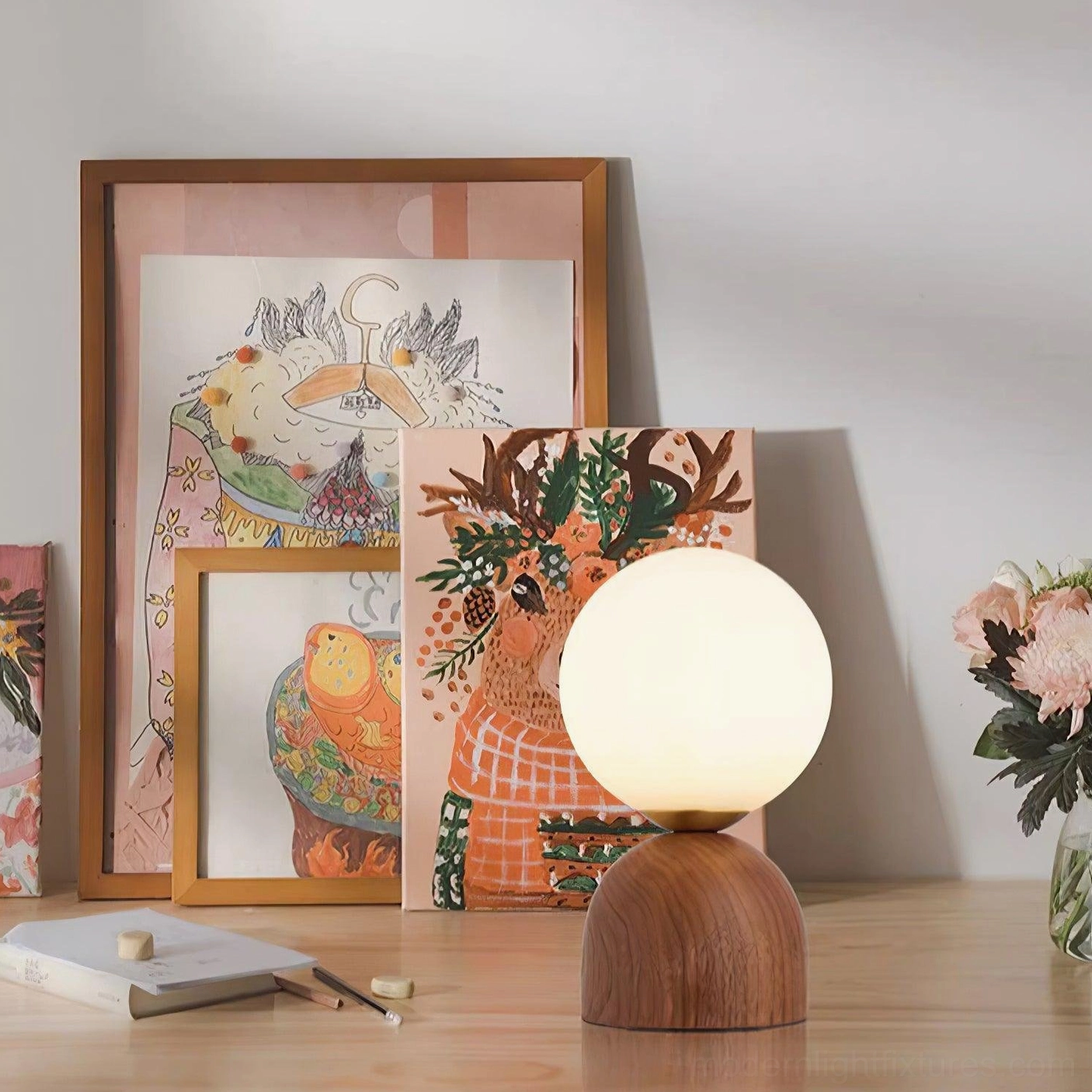 Modern walnut wood globe table lamp living room console table interior design accent